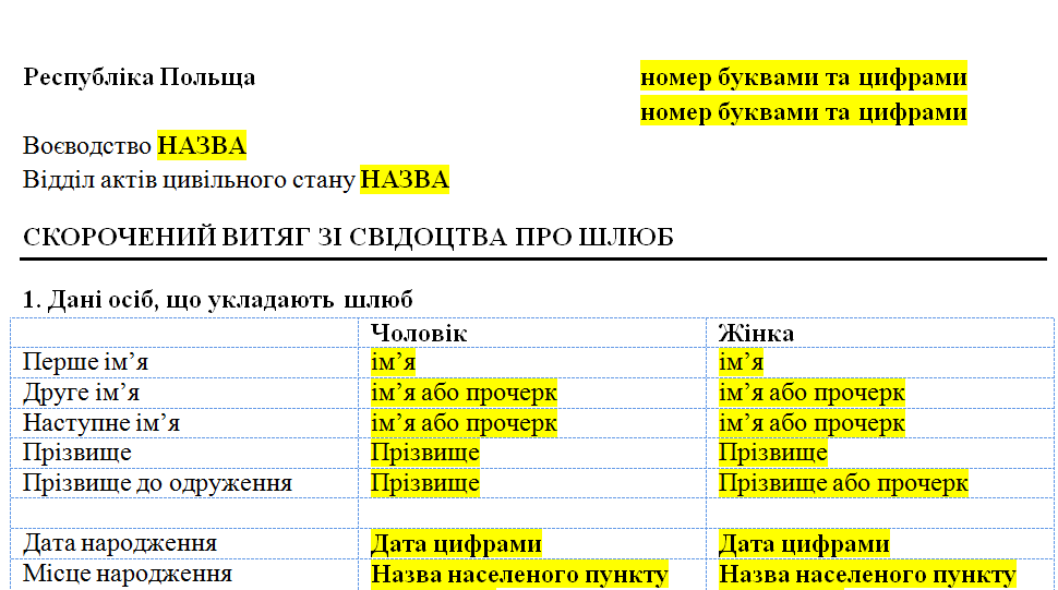 Бюро переводов Glebov выкладывает шаблон свидетельства о браке с польского языка на украинский язык. Бюро переводов Glebov выкладывает шаблон свидетельства о браке с польского языка на украинский язык.